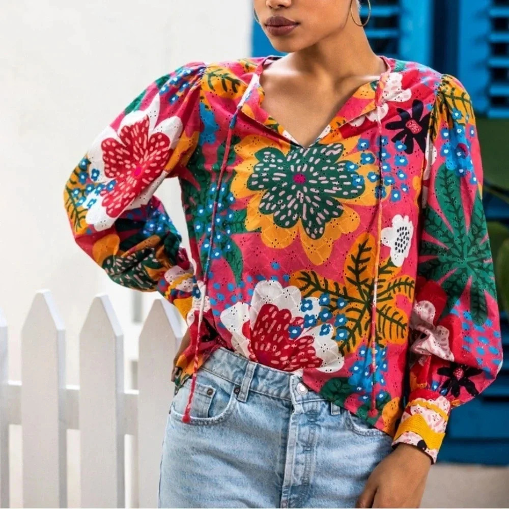 Emily Lovelock Eva Long Sleeve Floral Blouse NWOT